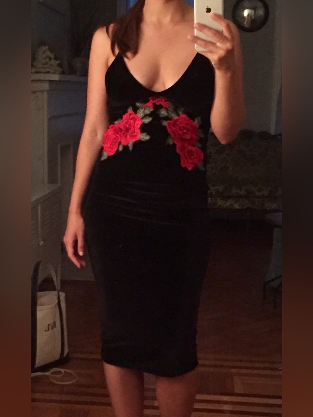 Missguided Black Velvet Midi Dress with Red Rose Appliqué